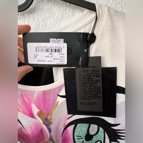 New Women Philipp Plein Hieroglyphs Flower Crew Neck Tee T-shirt Top Bling White - Picture 6 of 10